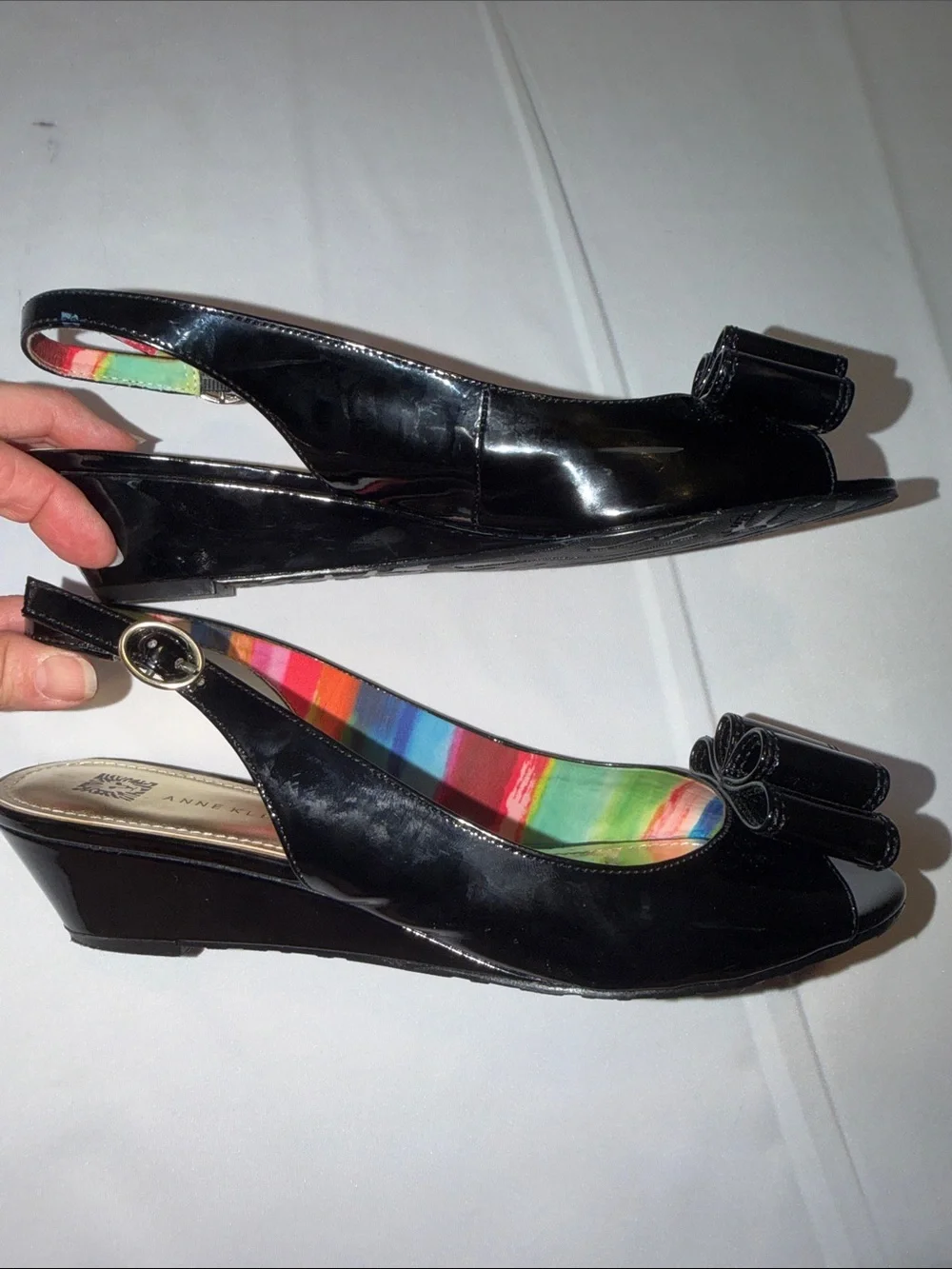 Anne Klein Black Wedge Slingback Patent Leather Low Heeled Shoes Size 9